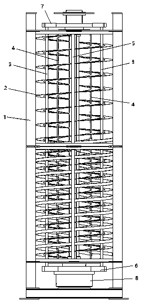 Spiral vertical conveying device for cage boxes