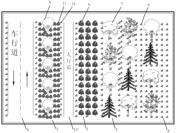 A strip-shaped three-dimensional hybrid noise reduction urban forest configuration method