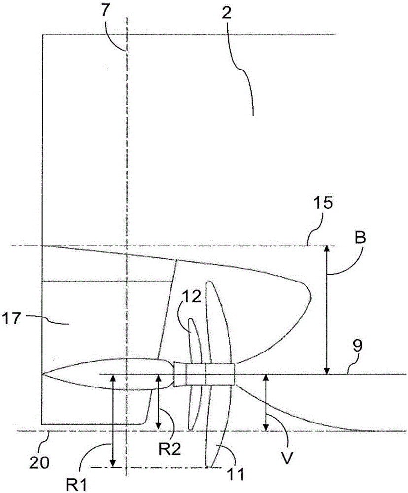 Marine vessel with a large propeller and gearbox