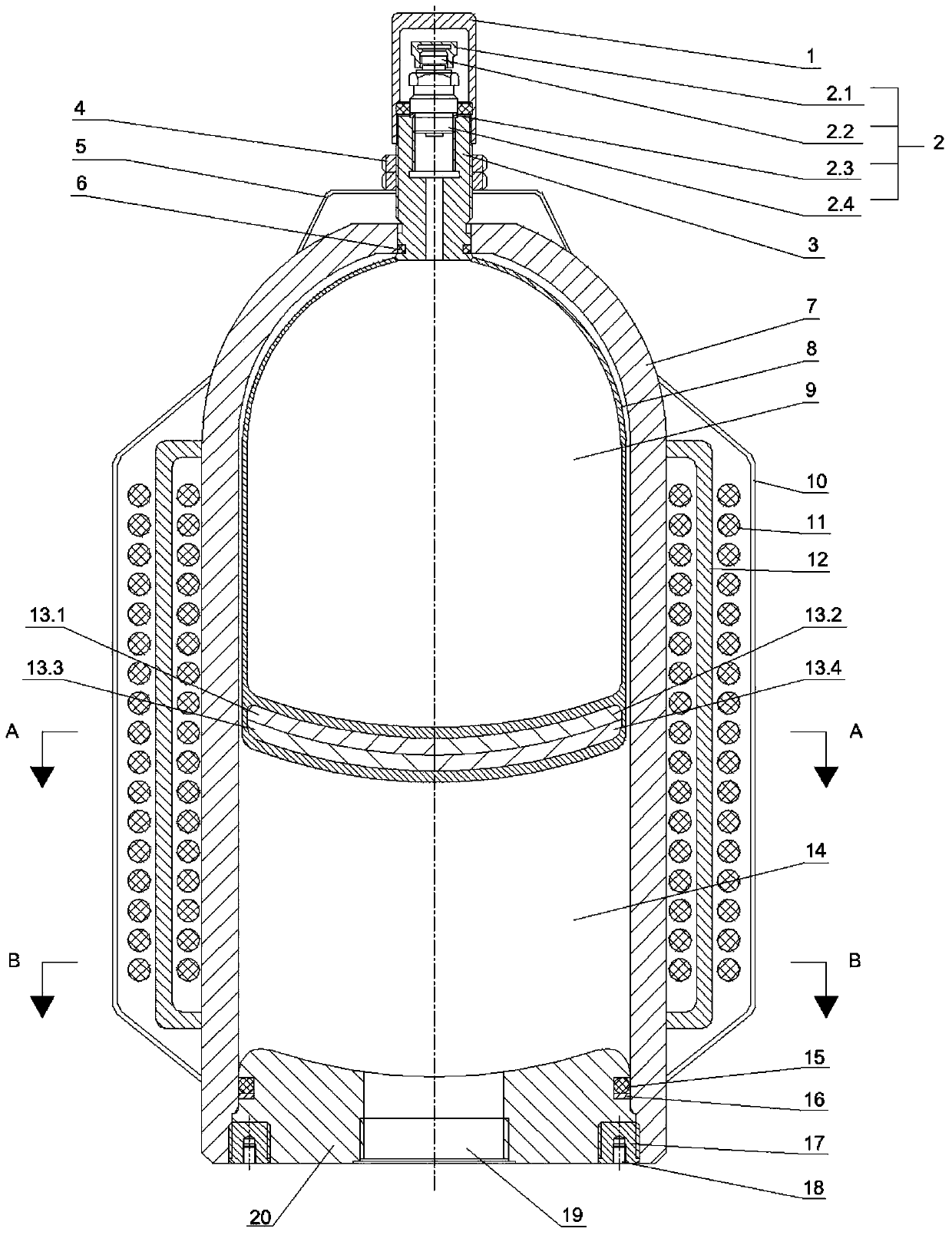 Electromagnetic auxiliary leather bag type constant-pressure energy accumulator