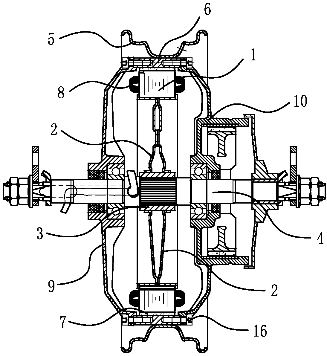 A stator for an electric wheel hub motor and a motor containing the stator