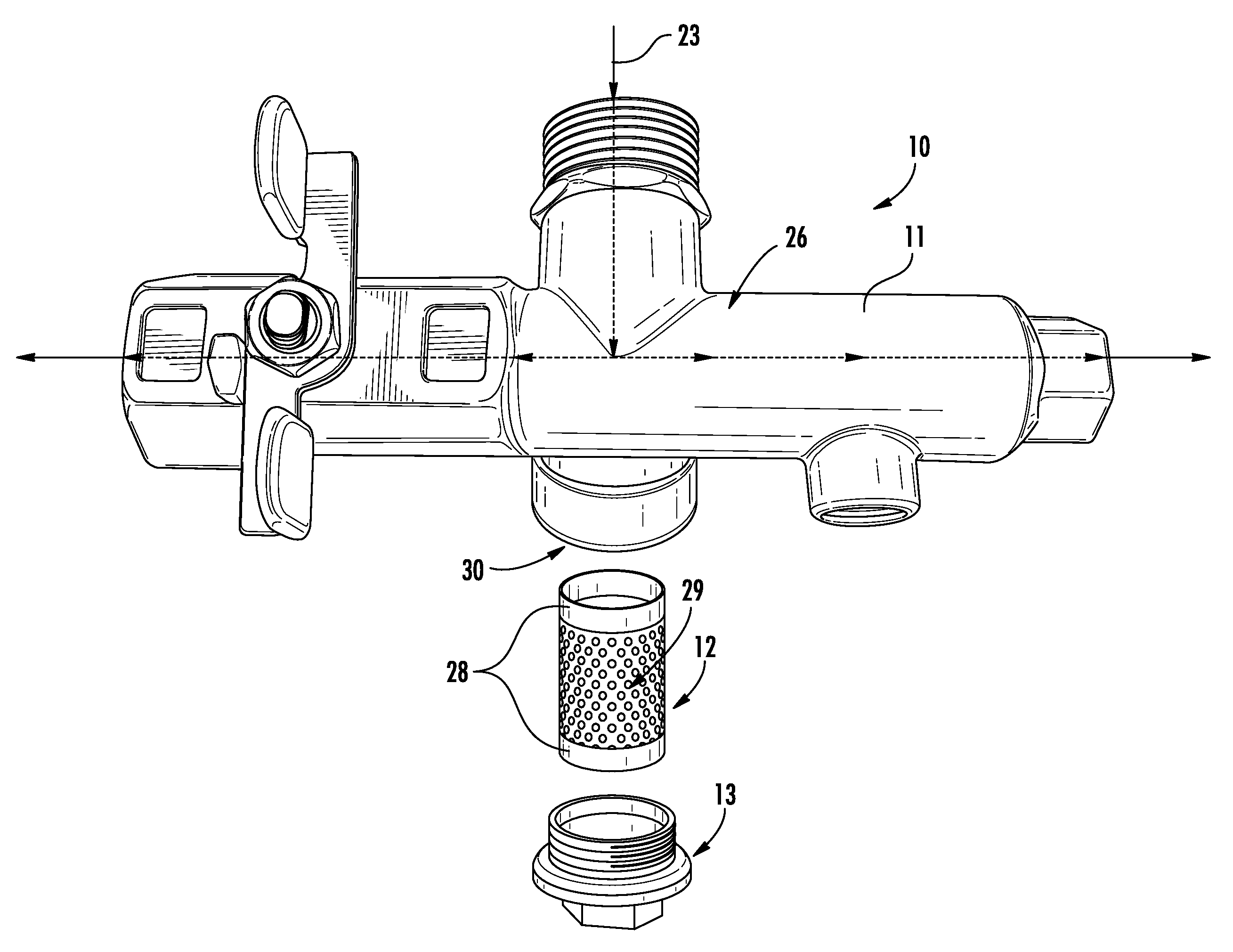 Multi-port valve device with dual directional strainer