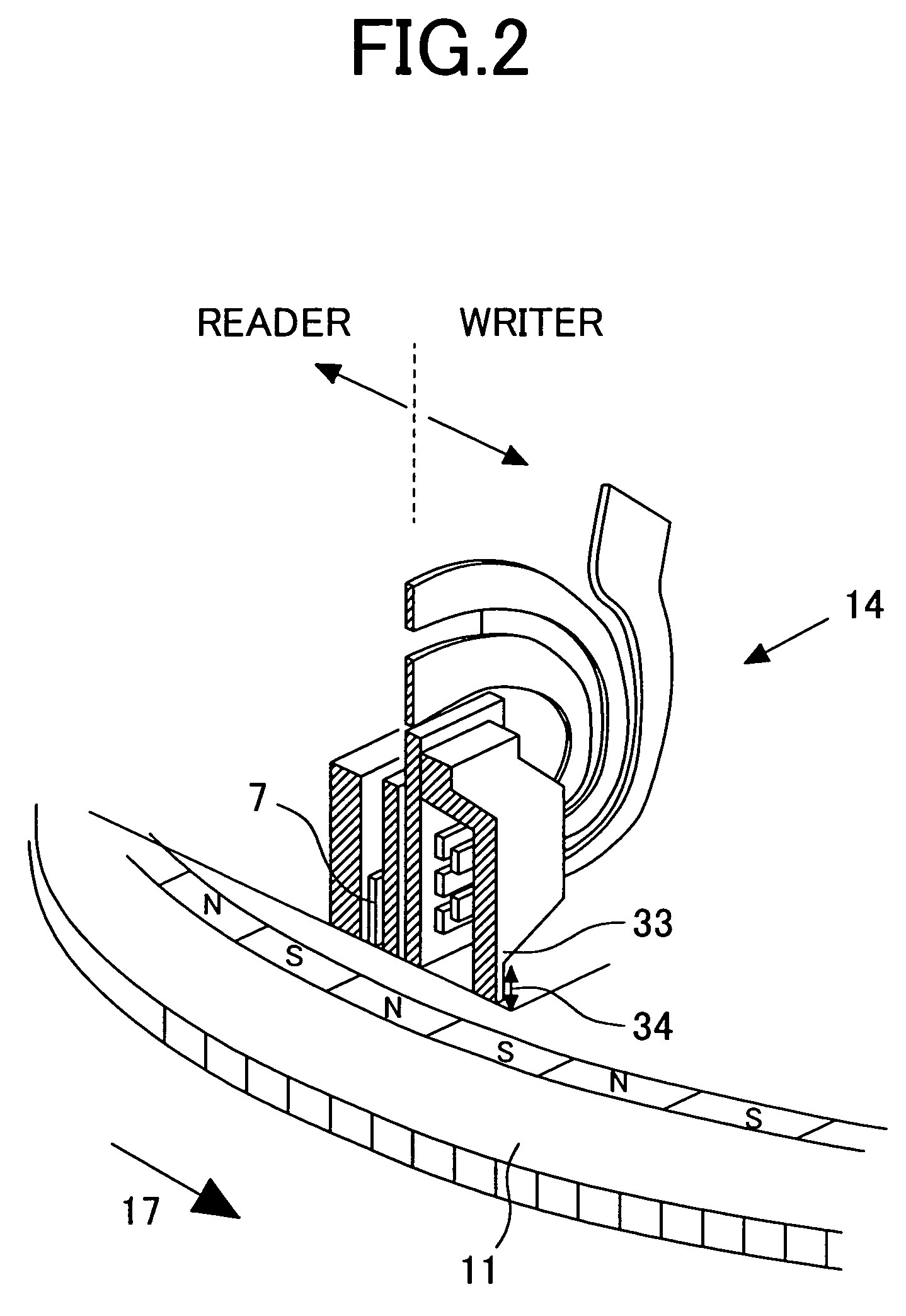 Magnetic recording head for perpendicular recording and including a portion protruding toward a mail pole and magnetic disc storage apparatus mounting the magnetic head