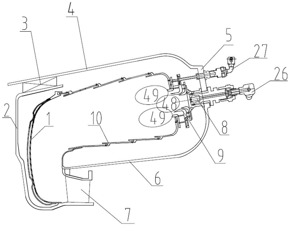 A low-emission recirculation combustor using a radial swirl intake fuel staging scheme