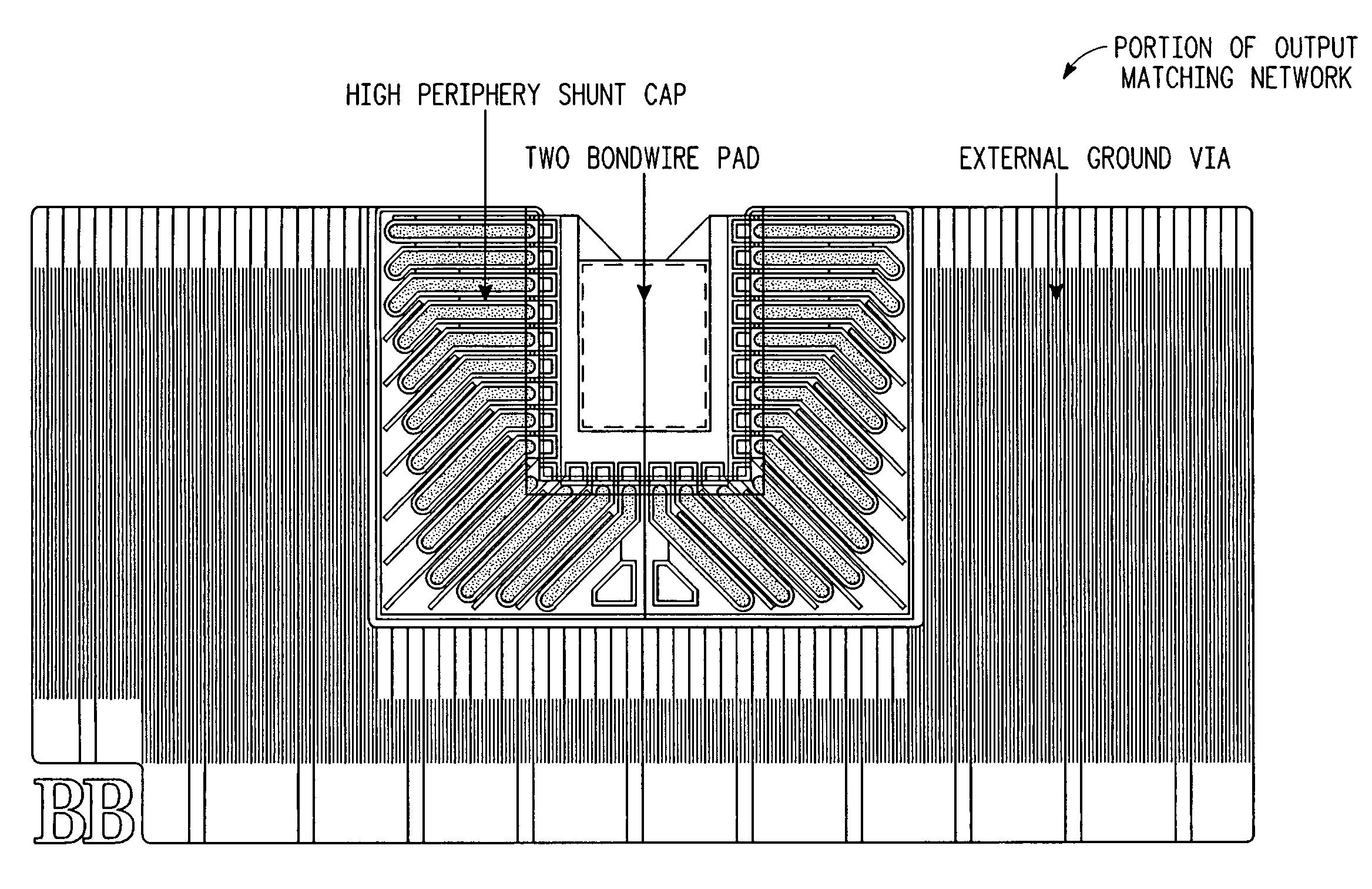RF power transistor with large periphery metal-insulator-silicon shunt capacitor