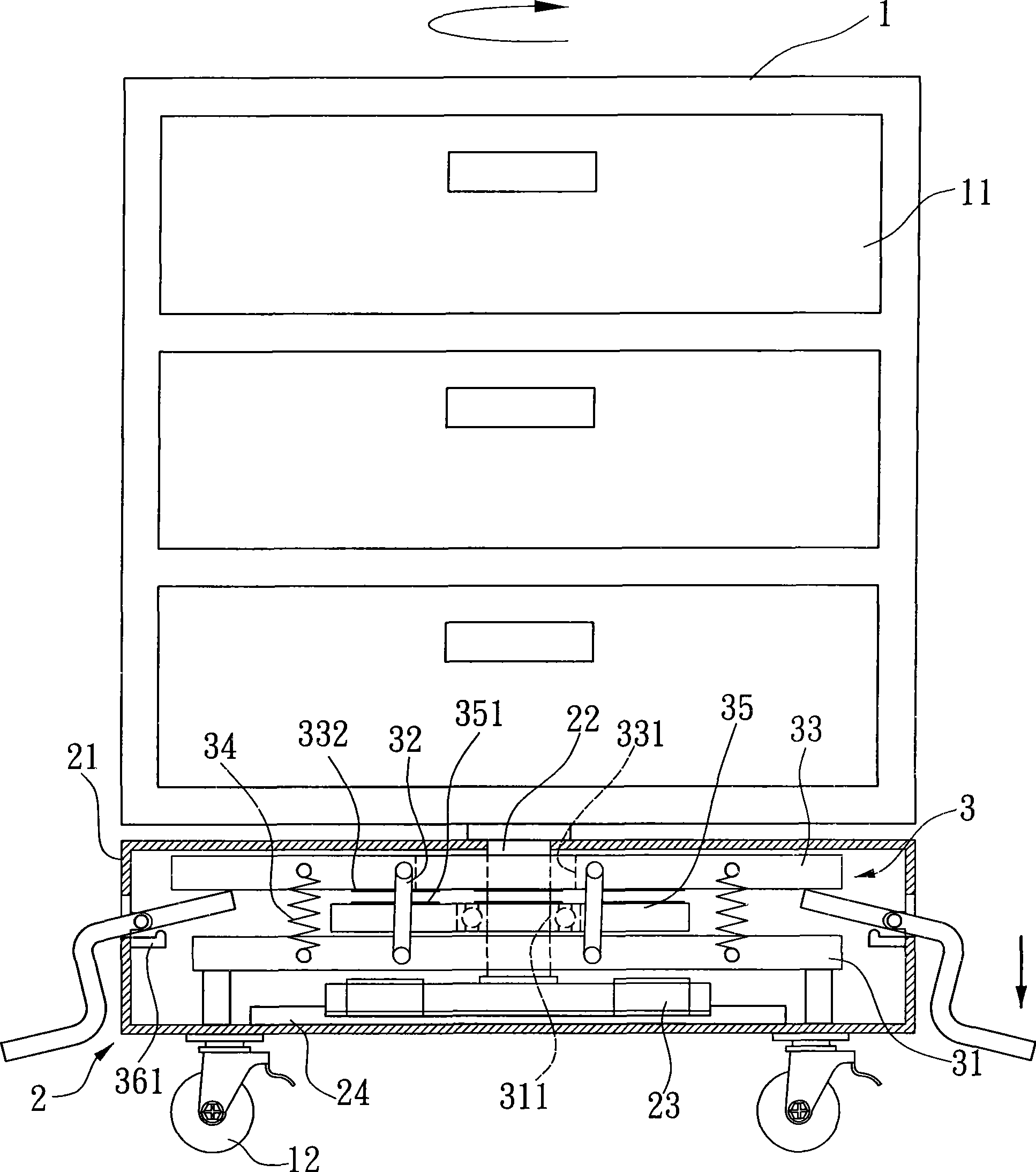 Pivoting structure of tool receiving cabinet