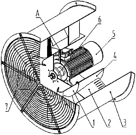 An axial flow fan with a vortex breaking structure on the suction surface of the blade and grooves on the top of the blade