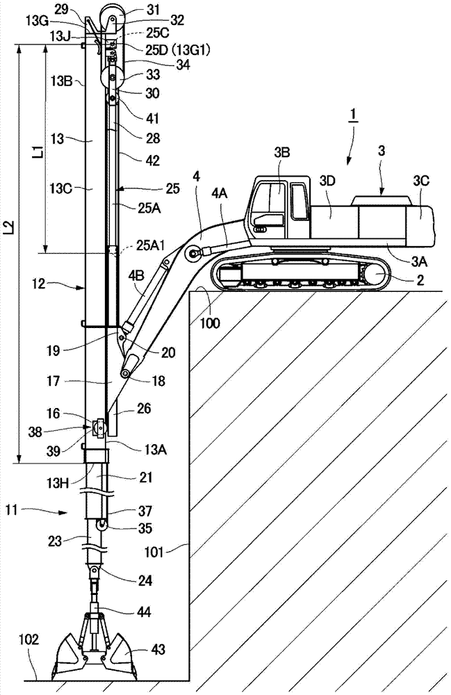 Multi-stage telescopic arm device and deep-digging excavator comprising multi-stage telescopic arm device
