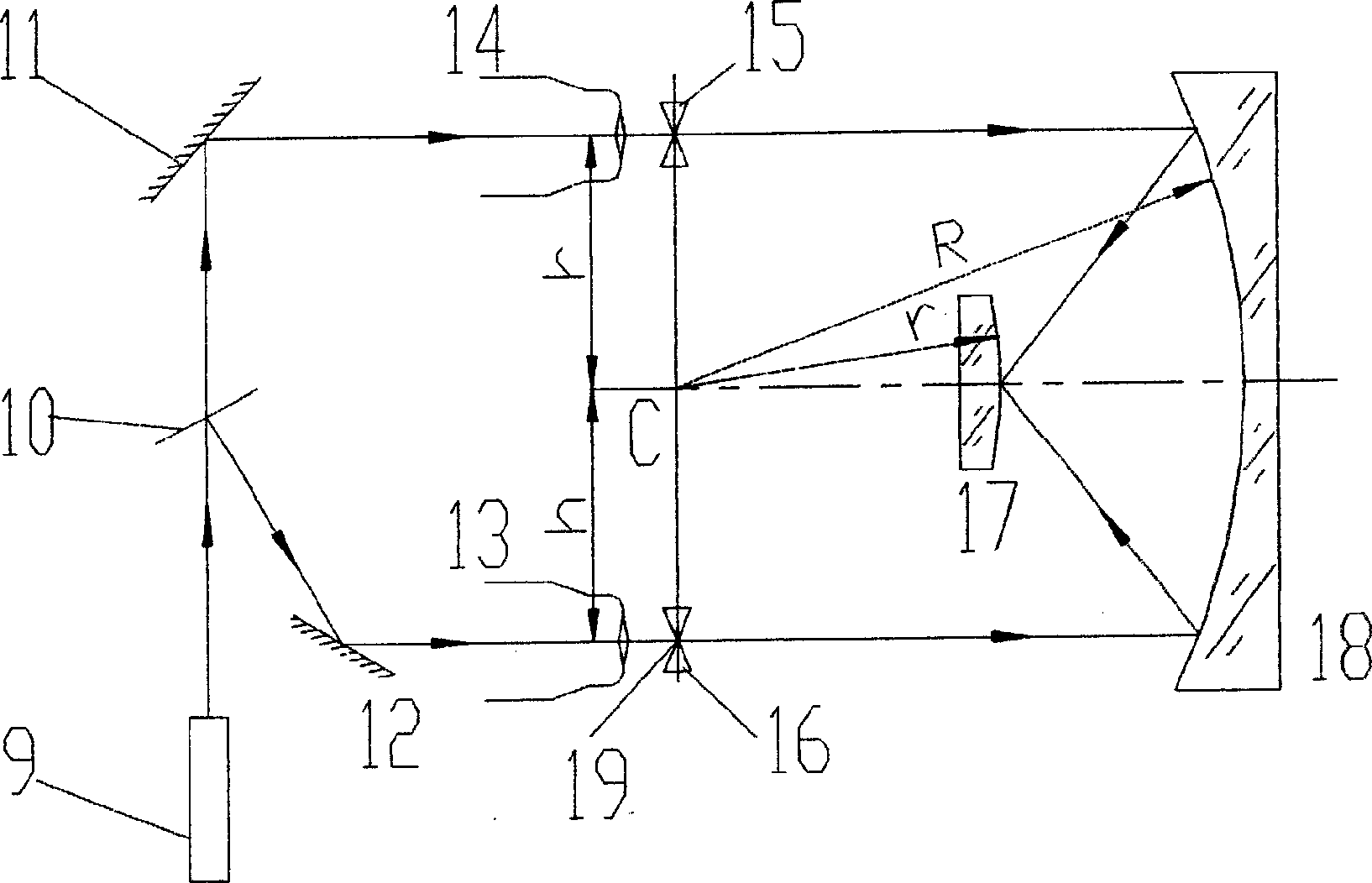 Holographic convex surface grid photo-etching light path design method