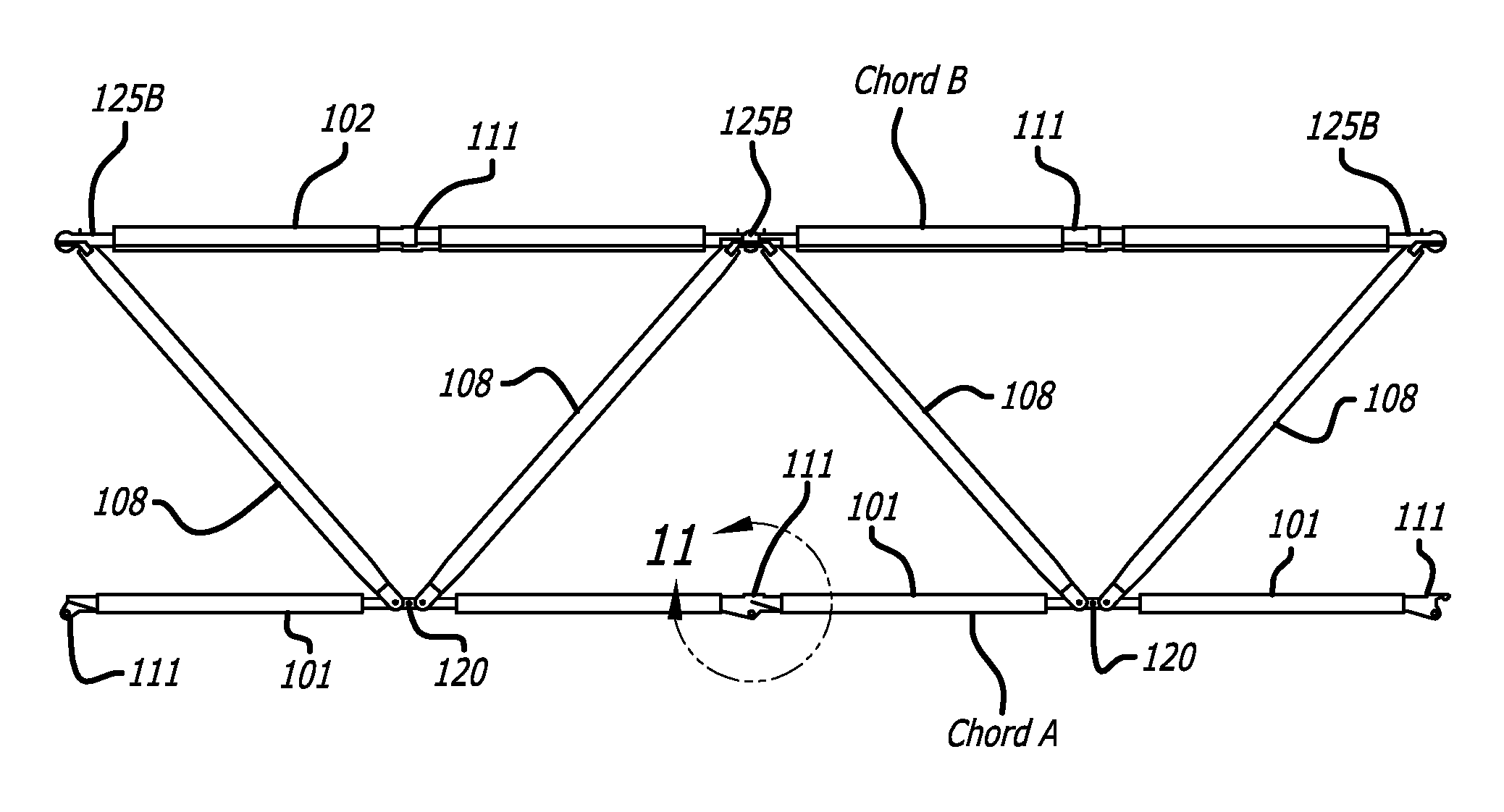 Deployable triangular truss beam with orthogonally-hinged folding diagonals