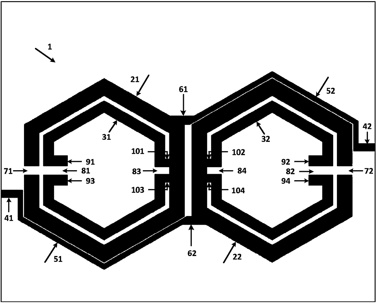 Regular hexagon ring-shaped microstrip line dual-pass-band electrically tunable filter