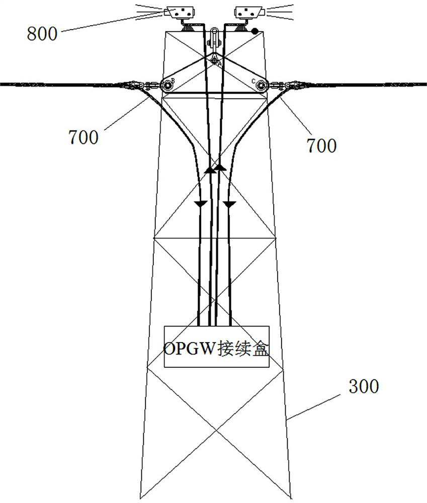 Power transmission line straight tower OPGW (Optical Fiber Composite Overhead Ground Wire) connection point deployment structure and method