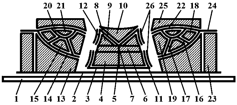 Light-emitting display with three-line intersecting angle-supported silver-arc-gated full-pit curved-bottom cathode structure