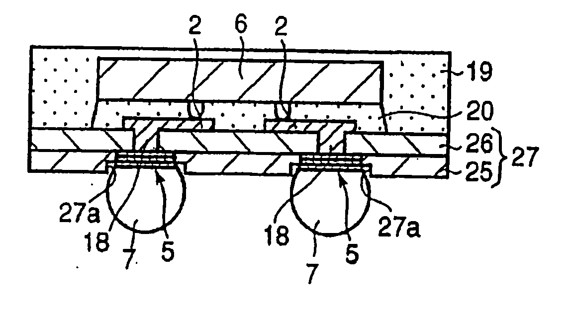 Board for mounting BGA semiconductor chip thereon, semiconductor device, and methods of fabricating such board and semiconductor device