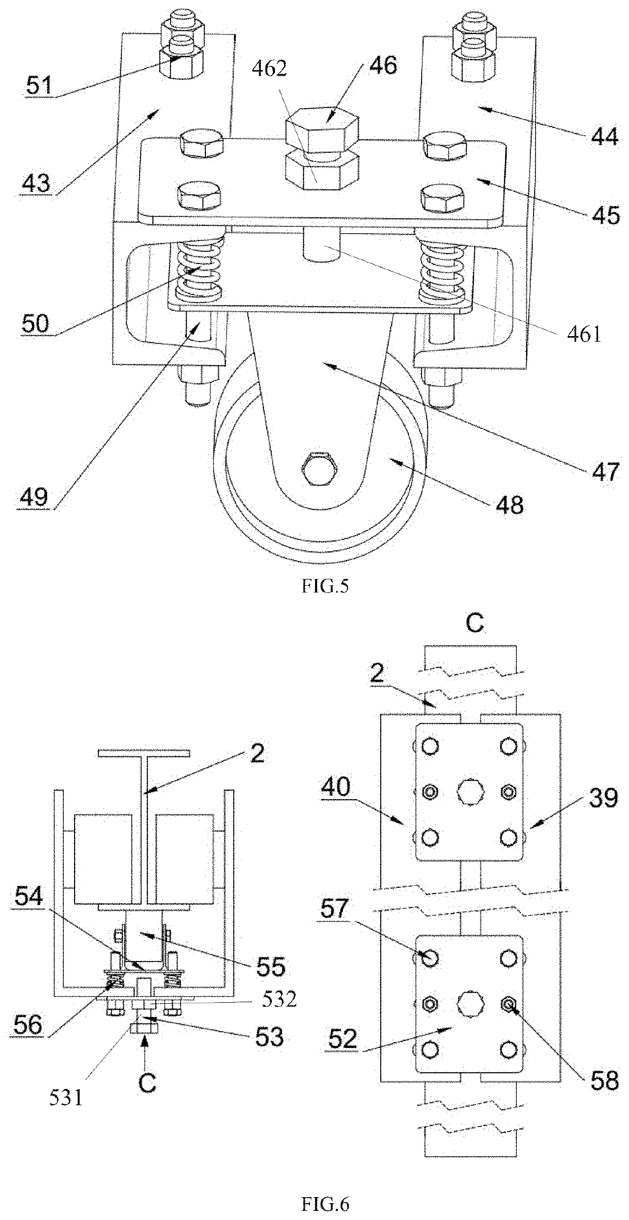 Walking device with self-adaptive track gauge and wheel pressure for preventing rail gnawing