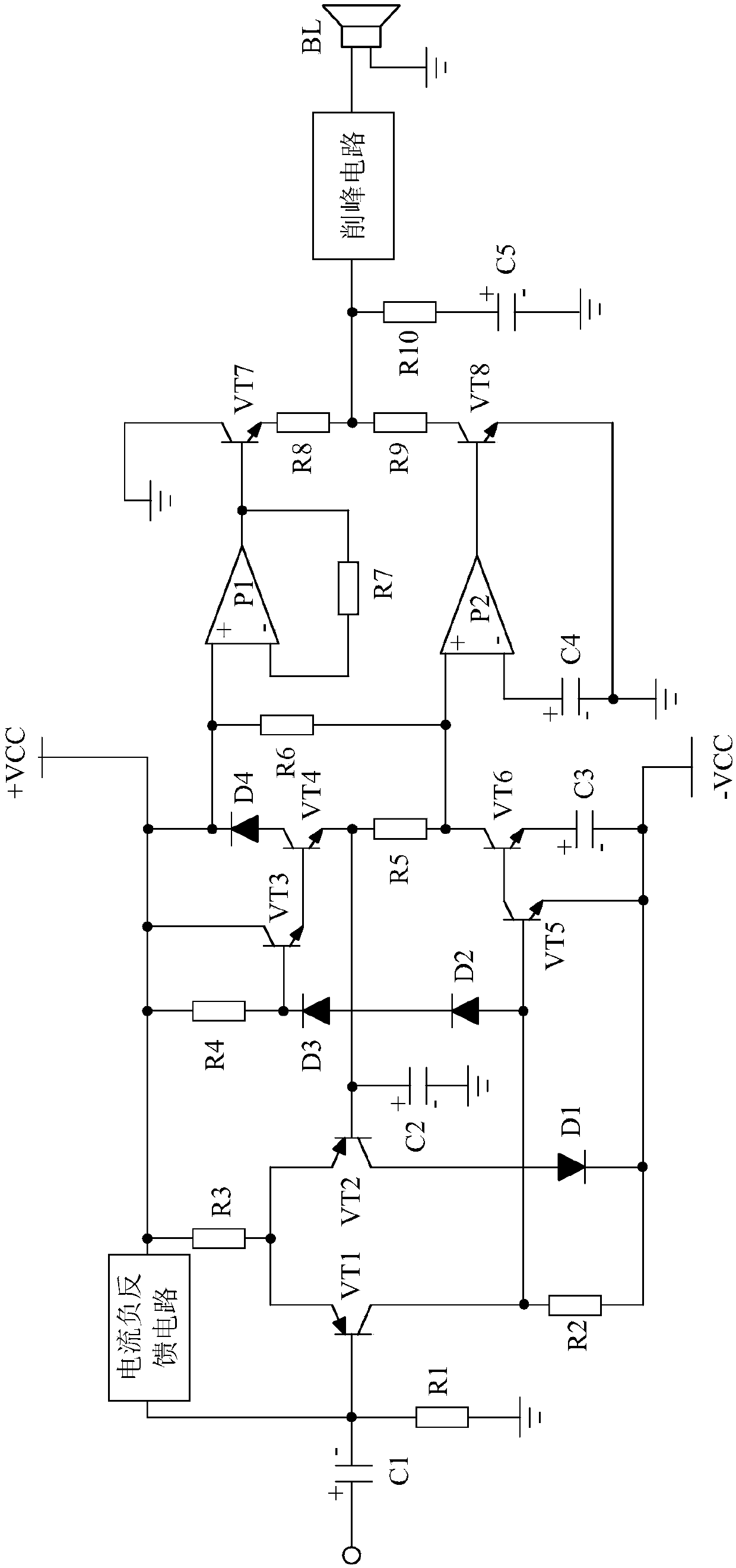 Peak value suppression power amplifier system based on current negative feedback circuit