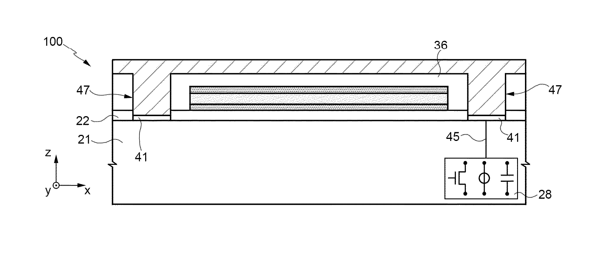 Semiconductor device with integrated magnetic element provided with a barrier structure against metal contamination, and manufacturing