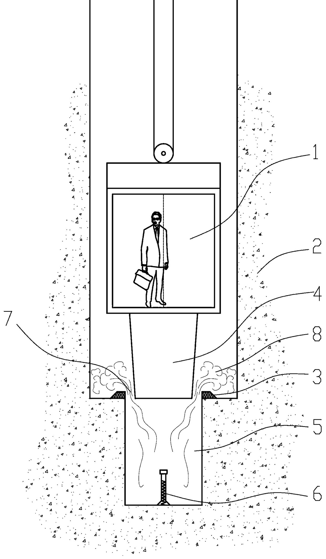 Elevator falling piston type air cushion buffering device