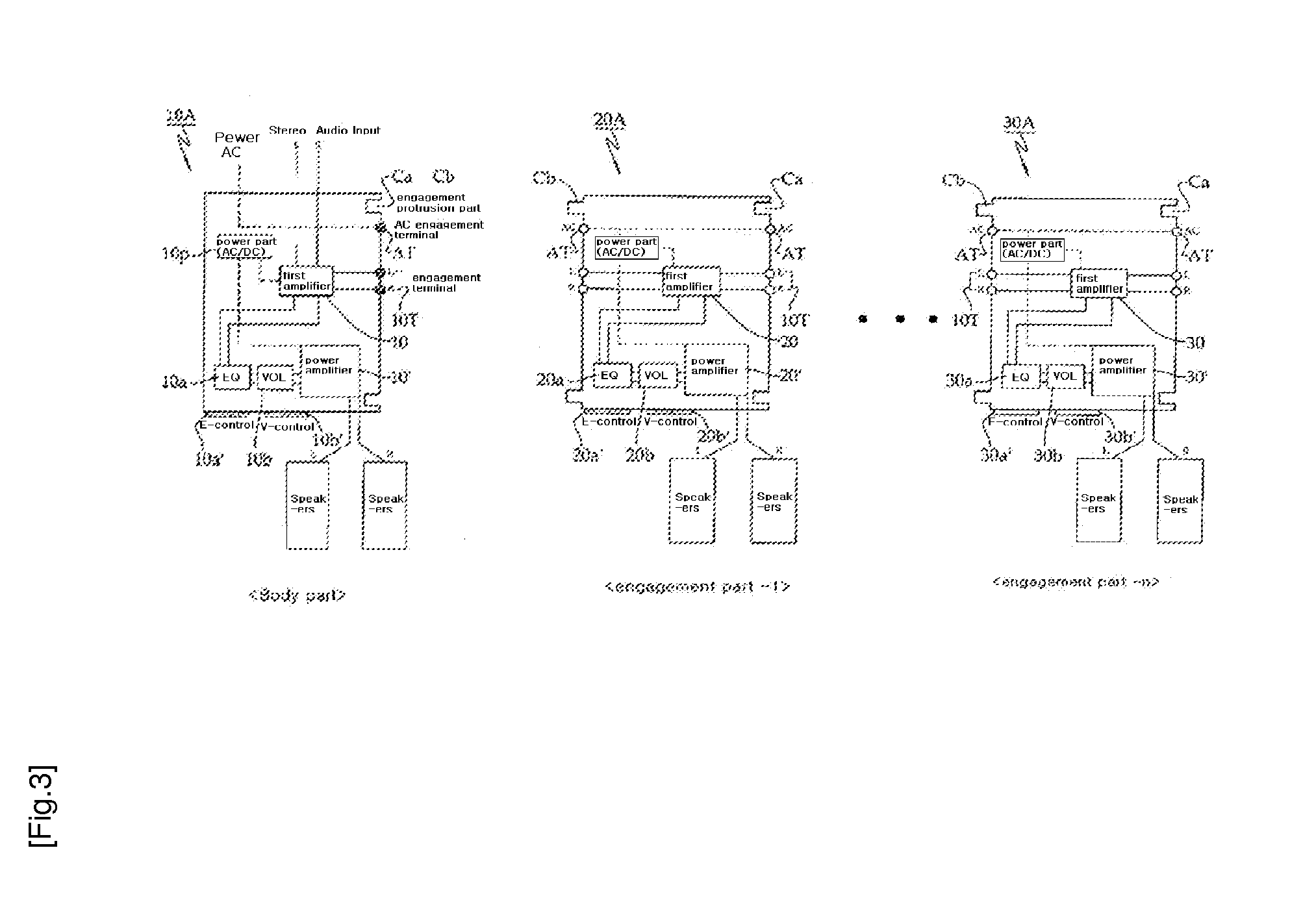 Multi-amplifier audio module for a multichannel speaker, and multi-amplifier audio module housing assembly for same