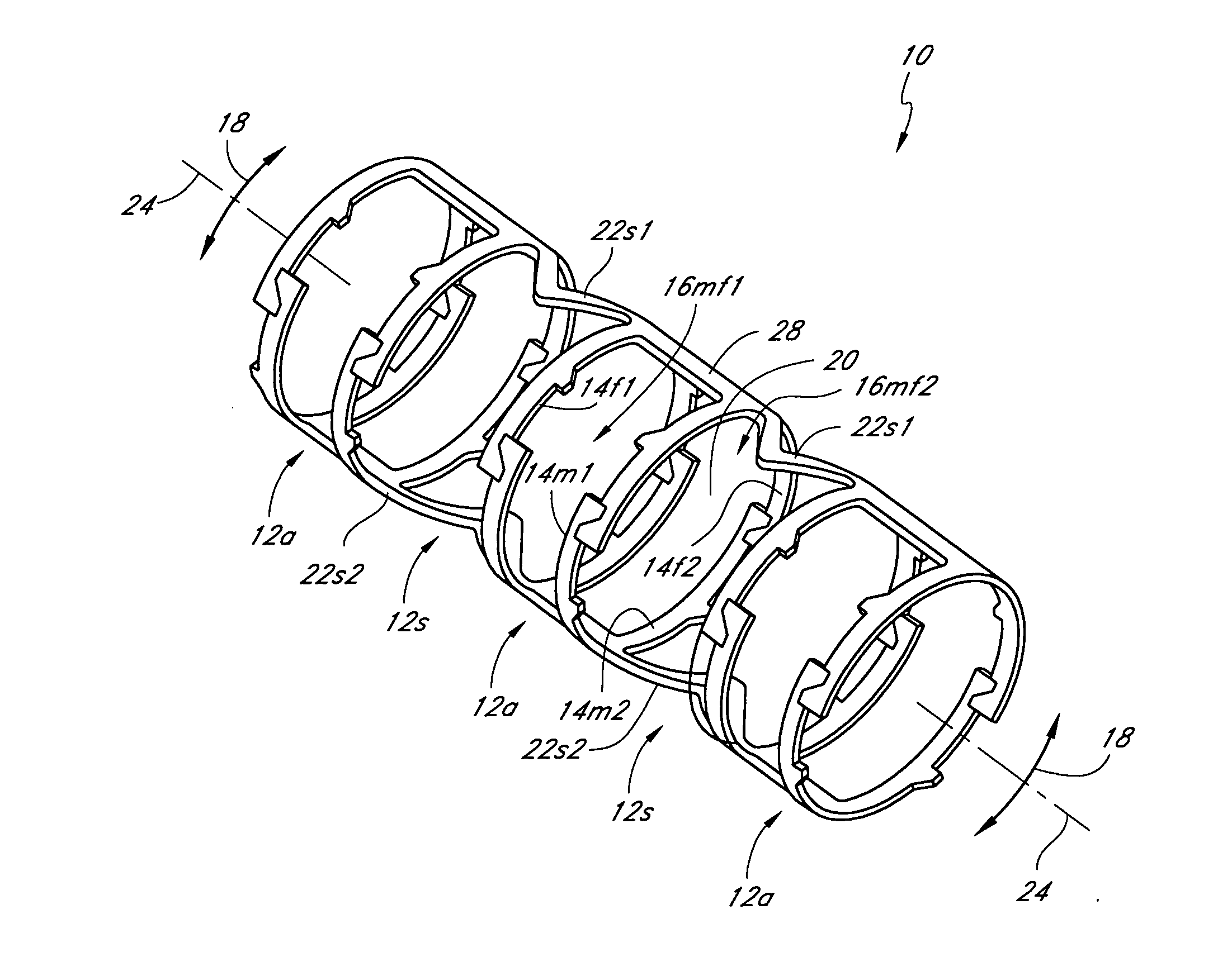 Axially nested slide and lock expandable device
