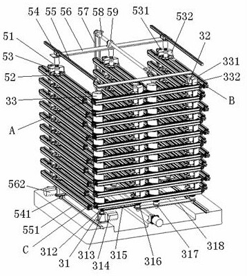 Volume-adjustable first-in first-out box storage device for rods
