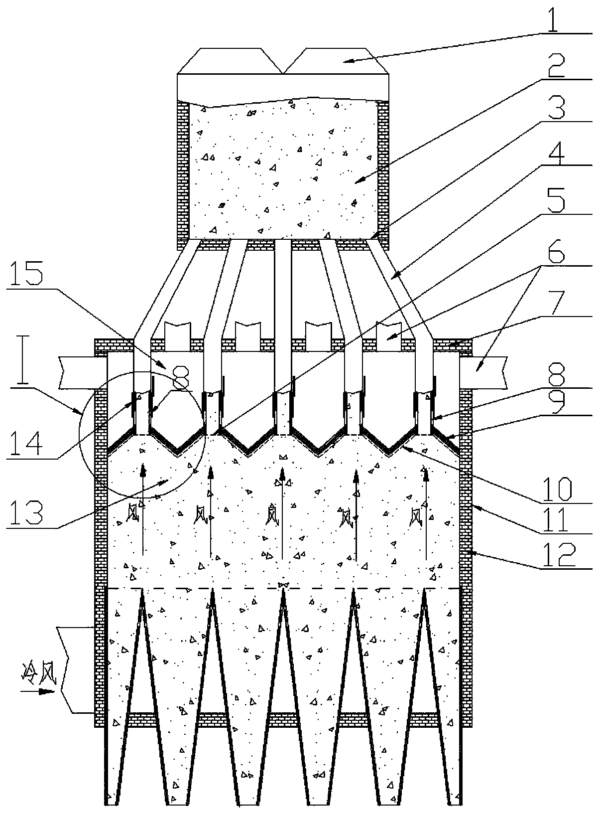 Sintering ore vertical cooling kiln with uniform ventilation device