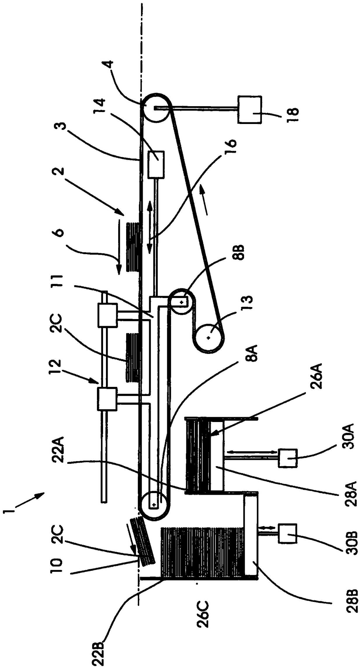 A device that outputs printed products fed in a product stream into two mutually independent stacks