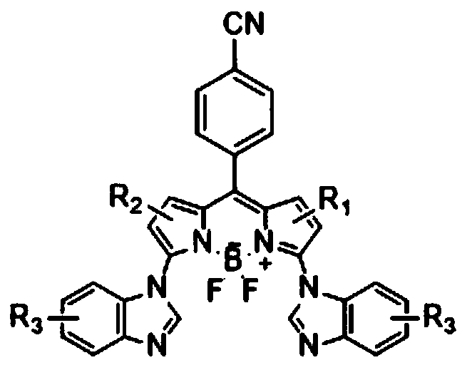 A kind of 3,5-dibenzimidazolyl-8-p-cyanophenyl fluorine boron derivatives and its preparation method and application