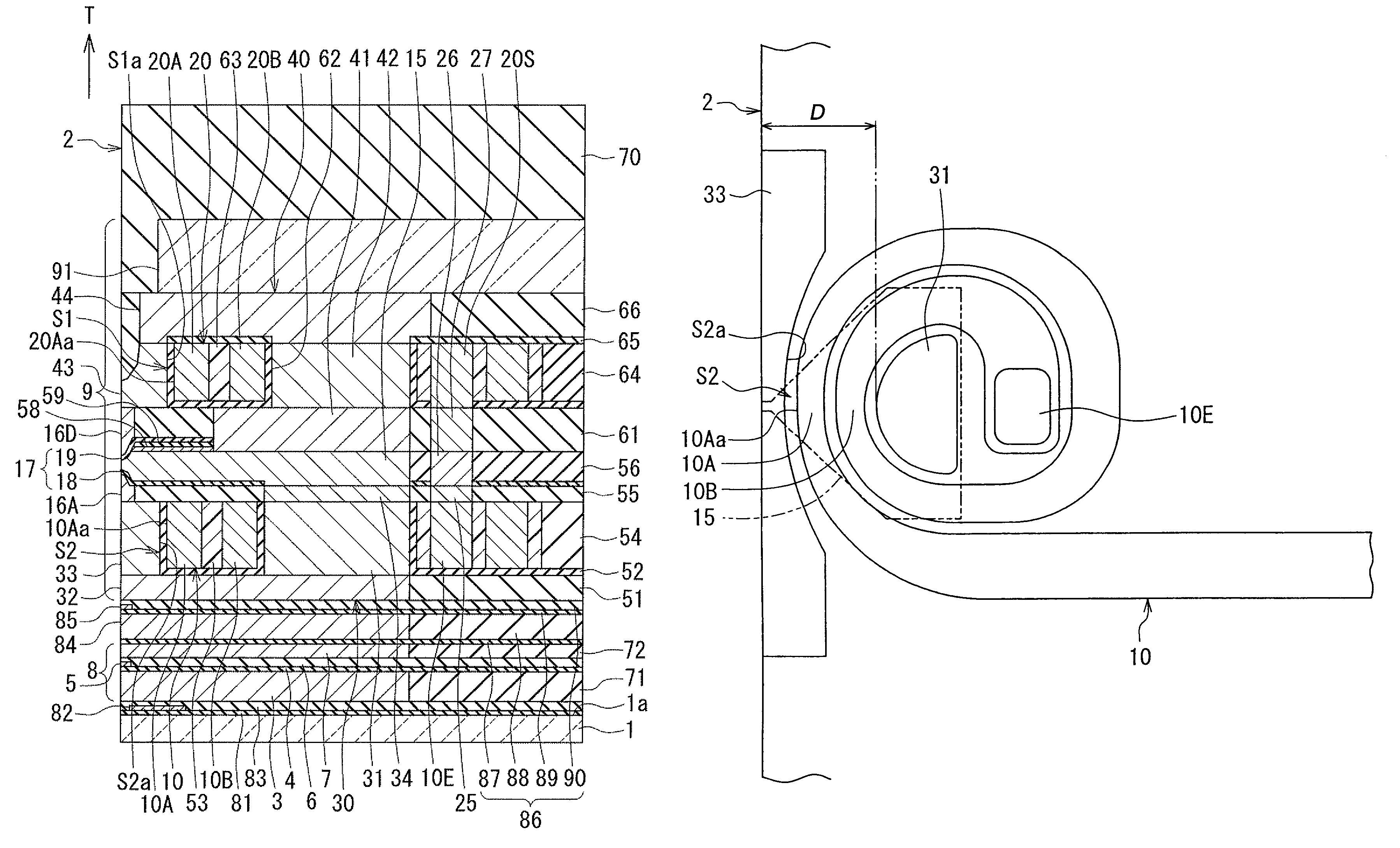 Magnetic head for perpendicular magnetic recording having a main pole, a shield and a coil core part setback away from the medium facing surface a specified distance