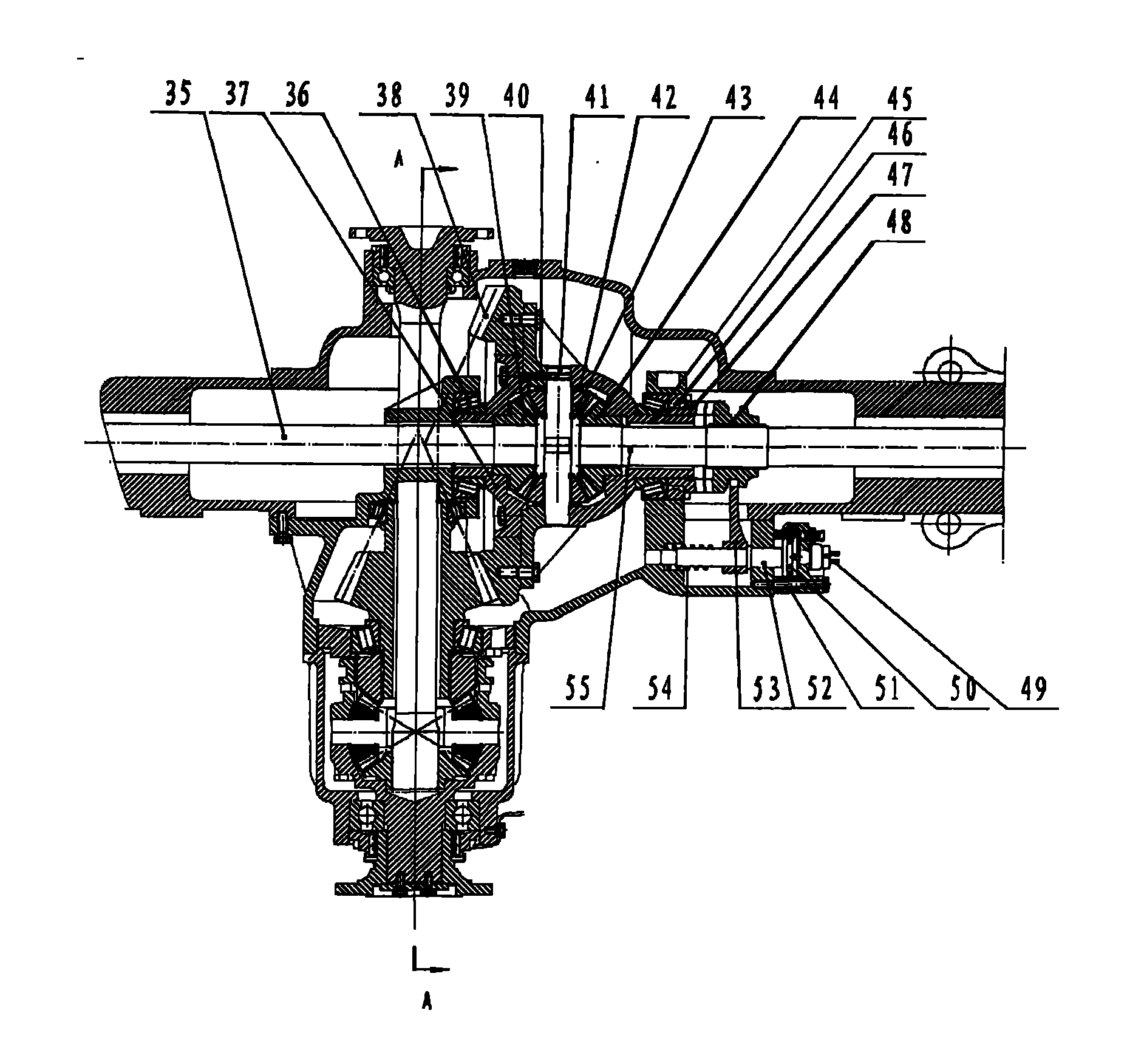 Through drive axle with hyperboloid bevel gear