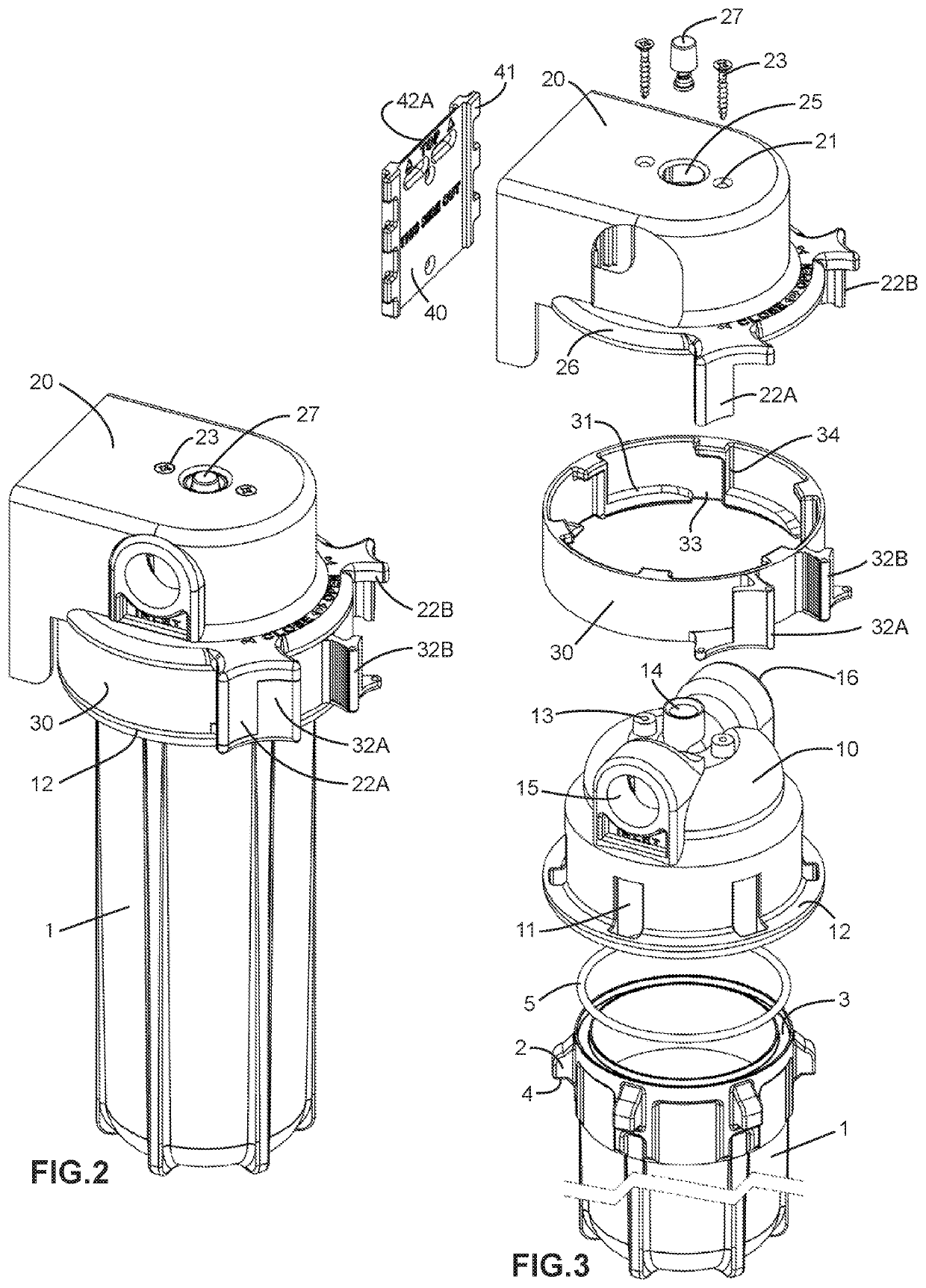 Manually detachable enclosure for replaceable filter elements and the like