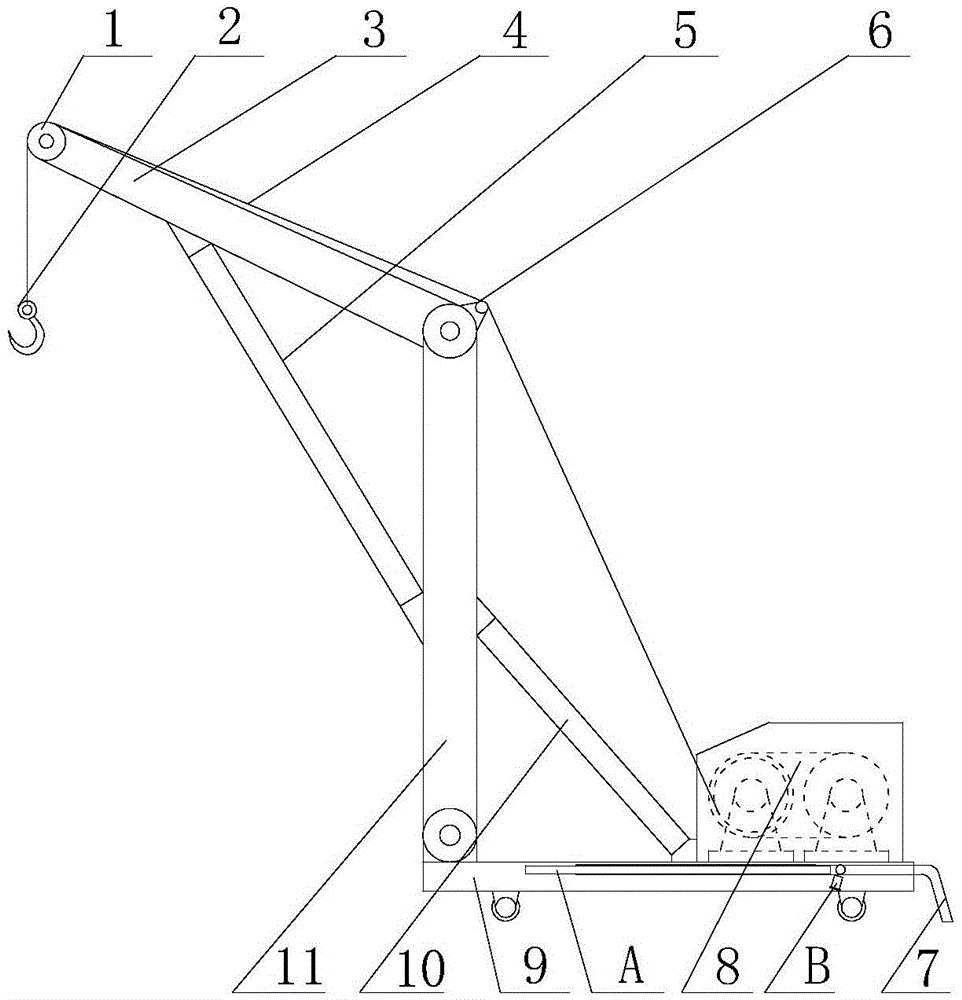 Foldable movable small crane with detachable independent supporting rod for supporting work