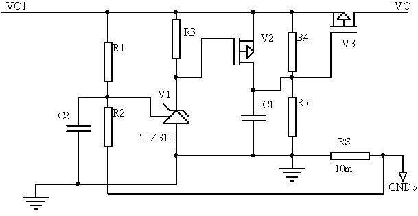 An output overcurrent protection circuit composed of a reference source and a resistor