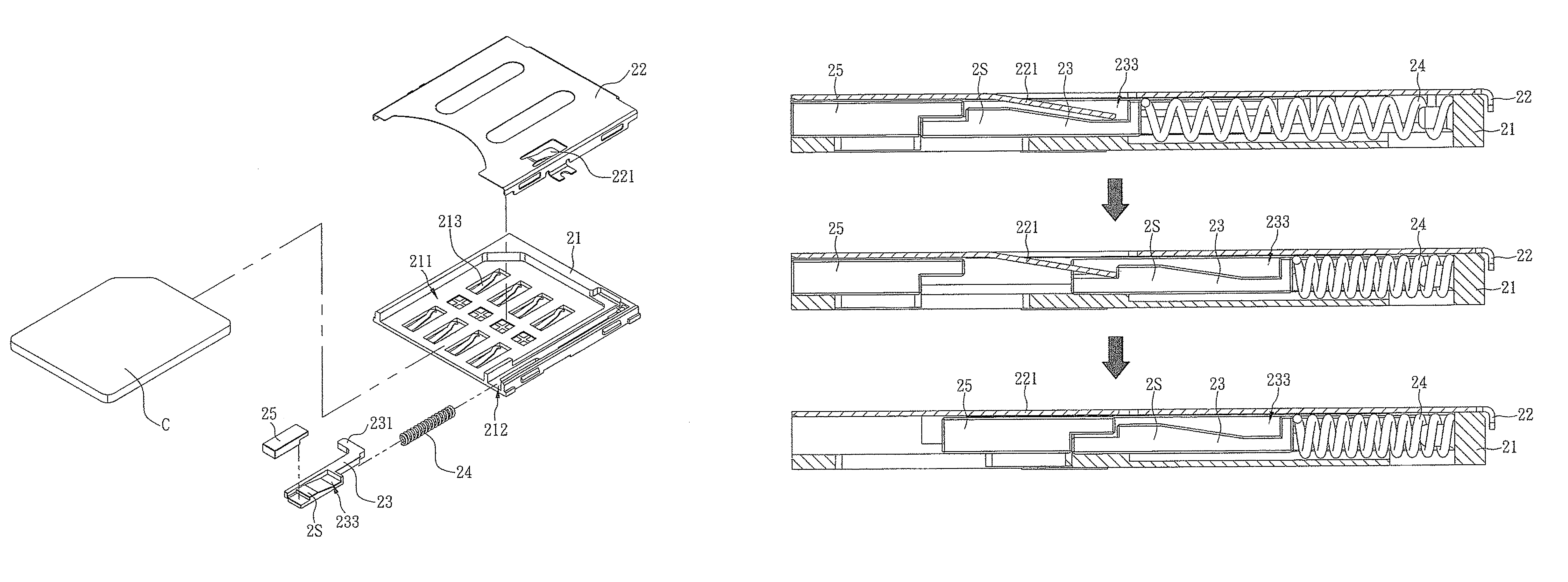 Card insert/eject mechanism having a position-limiting plate engaging a sliding block