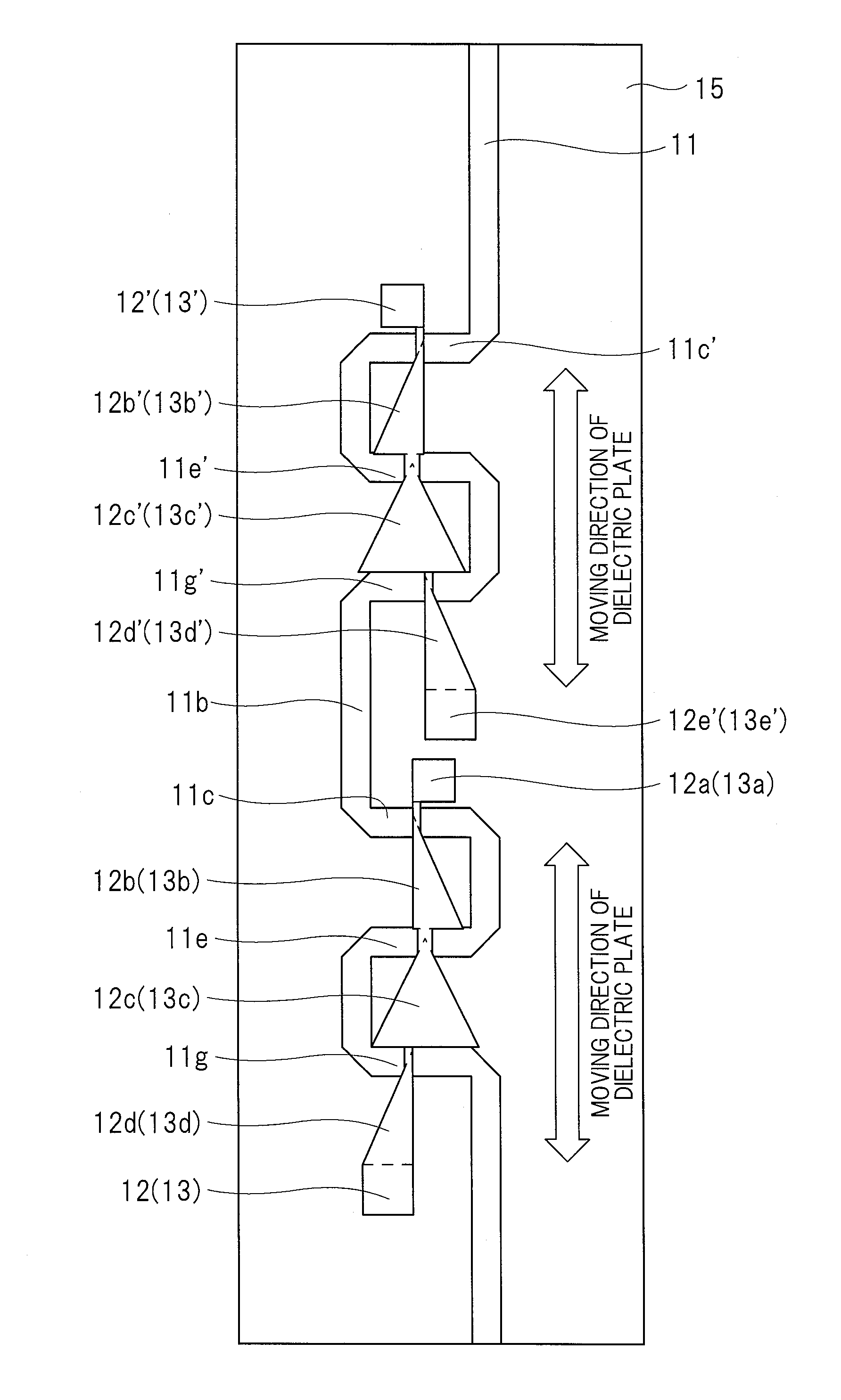 Phase shift circuit and antenna device comprised of at least one movable dielectric body overlapping with an intersecting part of a conductor