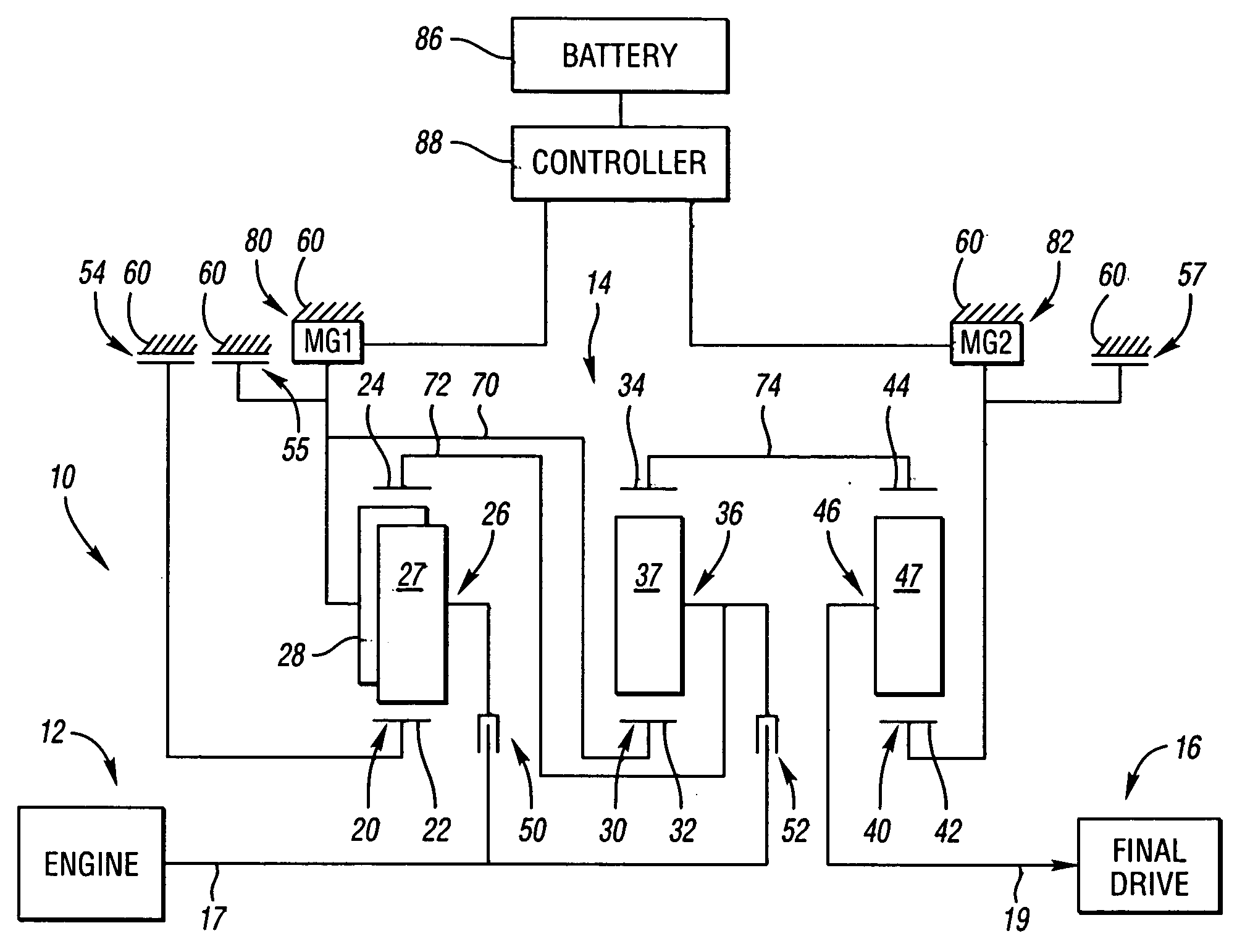 Electrically variable transmission having two or three planetary gear sets with two or three fixed interconnections