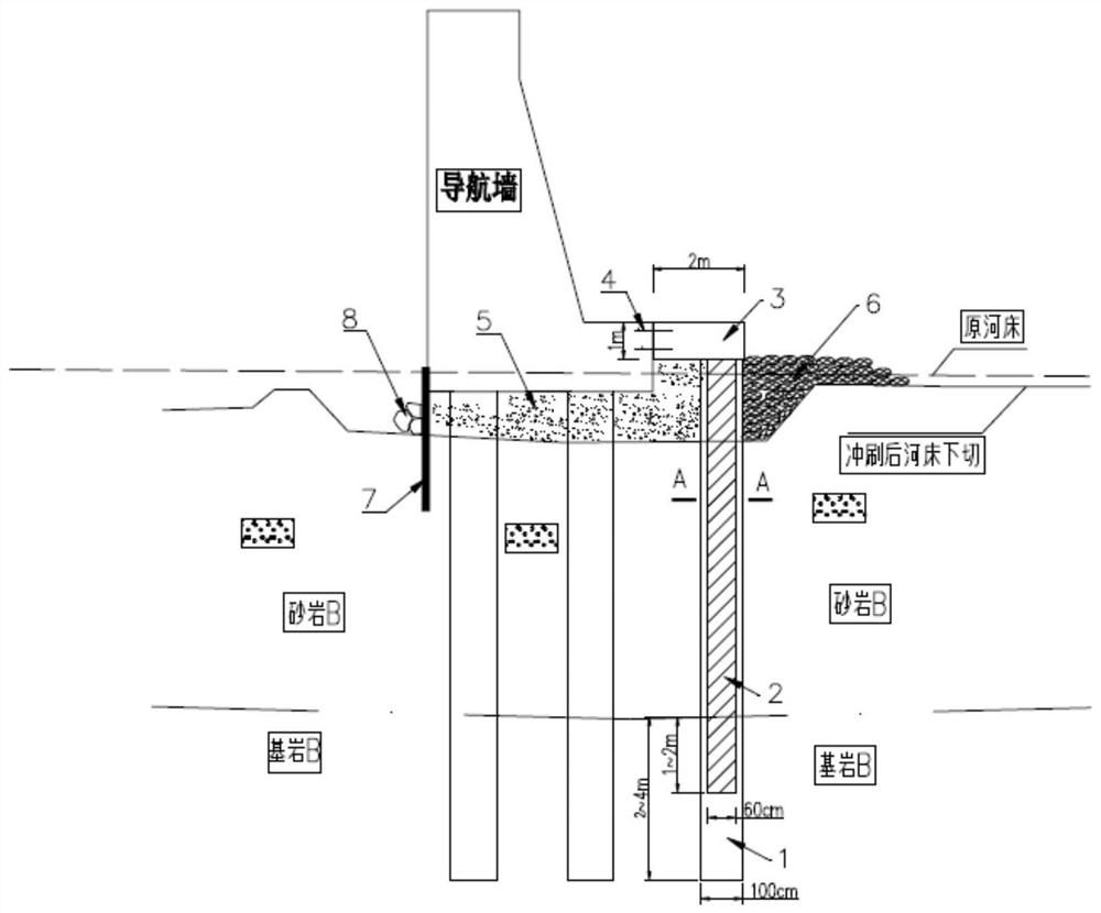 A method and device for repairing underwater hollowing defect of ship lock navigation wall pile foundation on gravel layer foundation