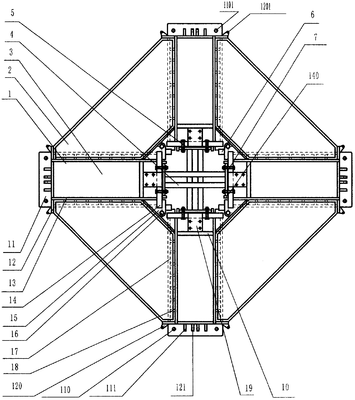 Tower crane foundation with four-beam steel structure and counterweight that can be quickly folded and moved