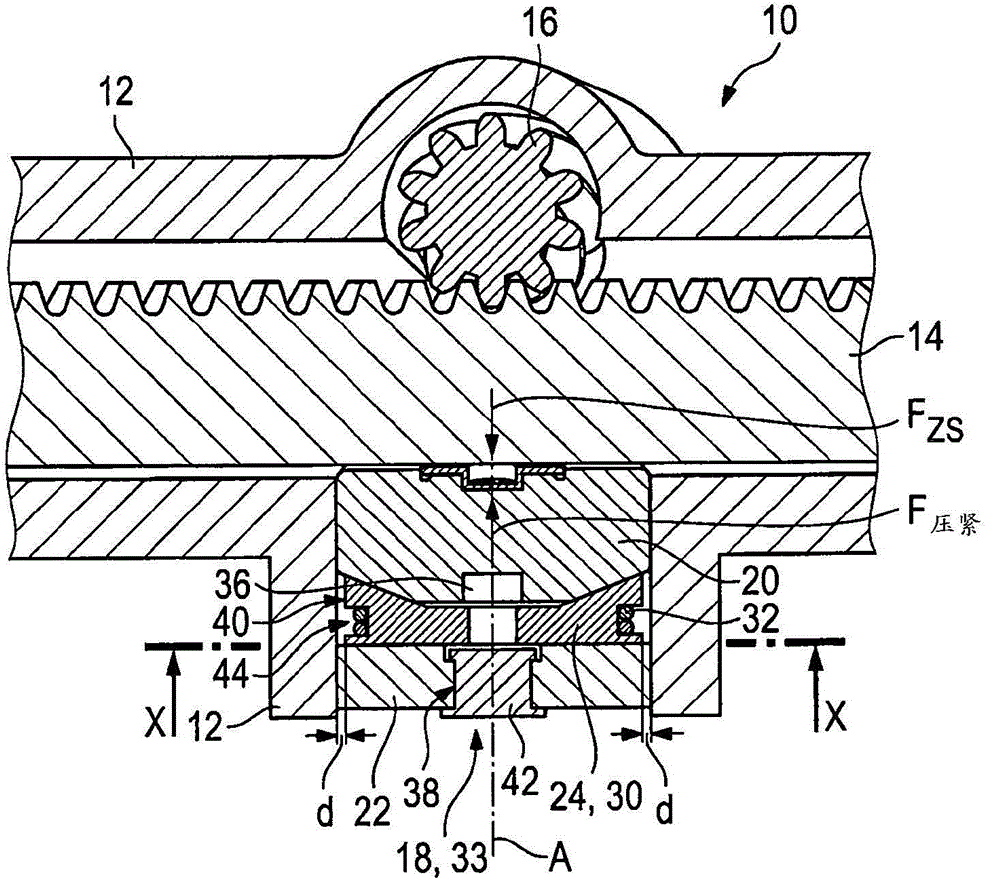 Device for pressing a gear rack against a pinion
