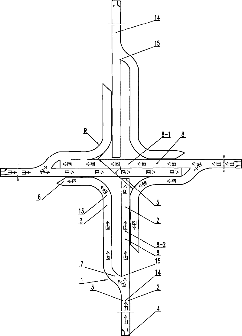 Completely single-layered combined bridge consisting of four independent right-handed bifurcate bridges in shape of Bu (Chinese character)