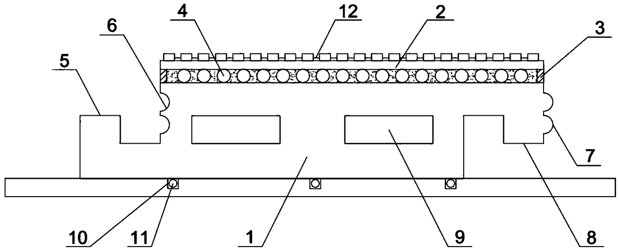 Mounting subplate of plastic-wood floor visible at night