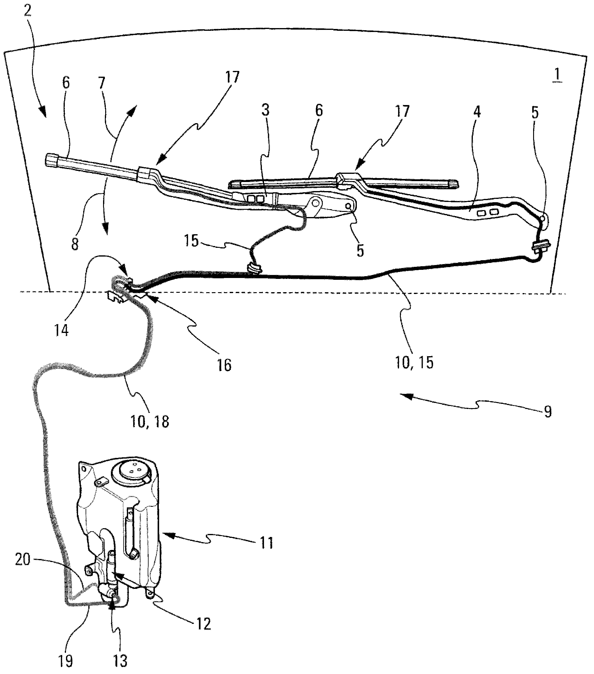 Electric and hydraulic connection device for a windscreen-washer supply and/or dispensing system