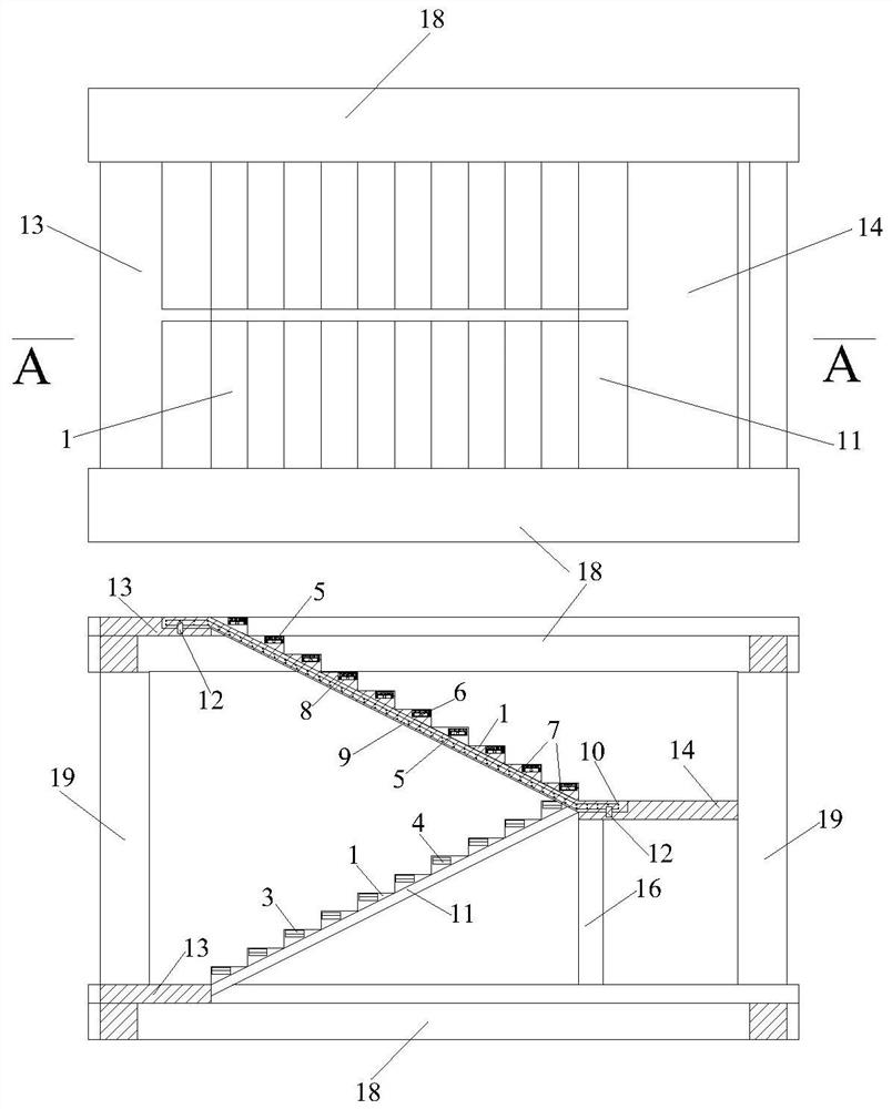 A prefabricated damping staircase with built-in two-way damping particles