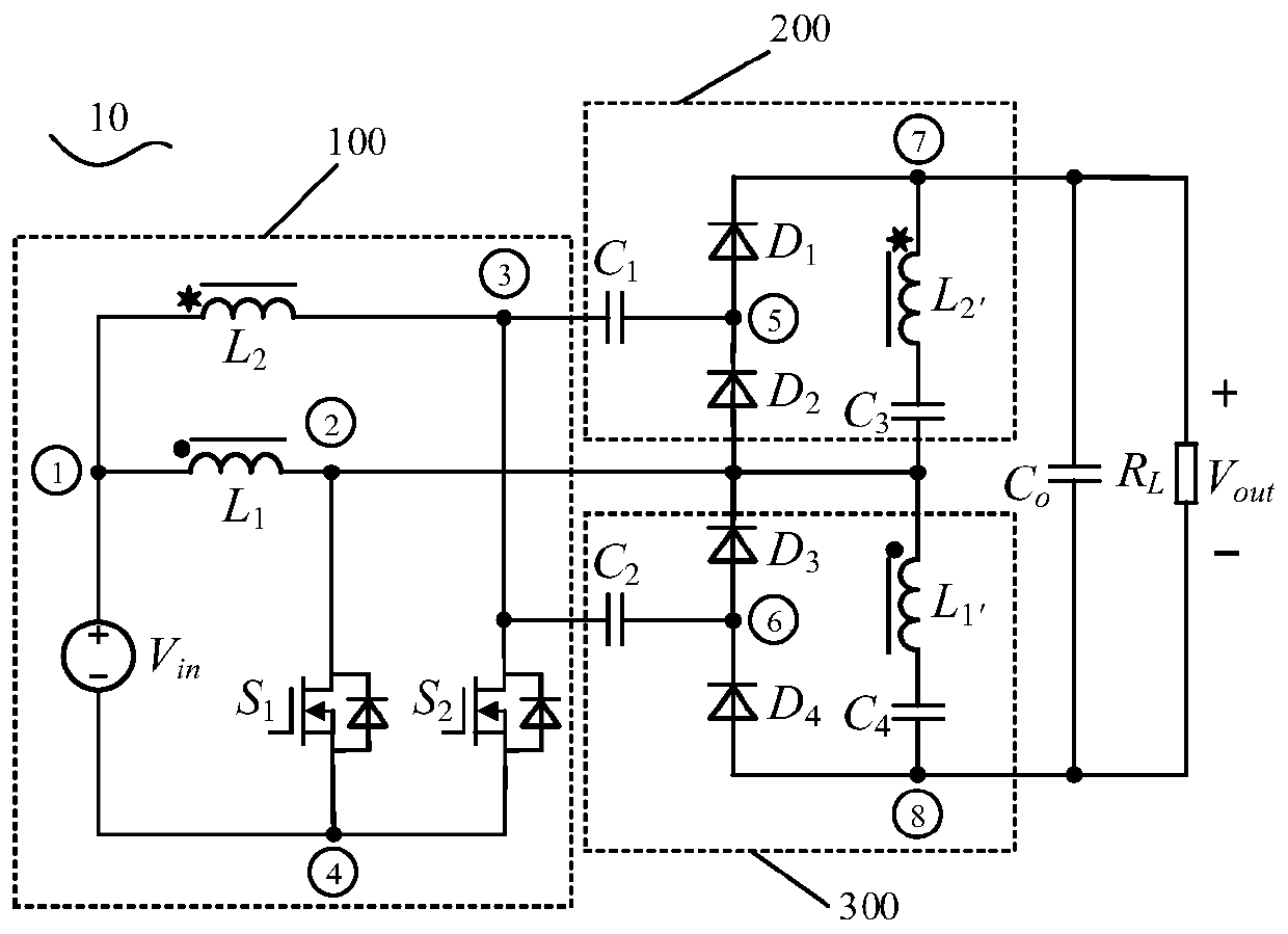 Two-phase interleaved capacitor clamping type ultrahigh-gain direct-current converter based on coupling inductance