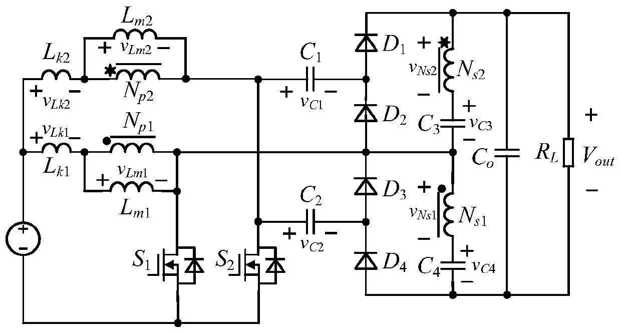 Two-phase interleaved capacitor clamping type ultrahigh-gain direct-current converter based on coupling inductance