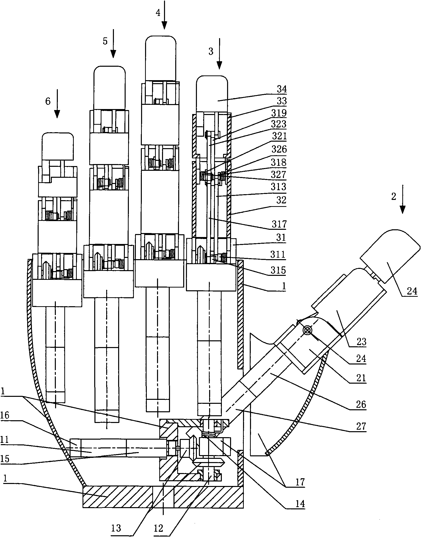 Coupling underactuated integrated bionic hand device