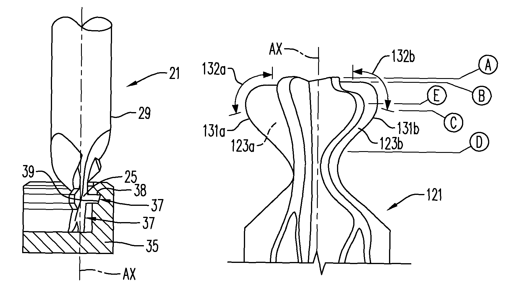 Cutting tool with multiple flutes defining different profiles, and method