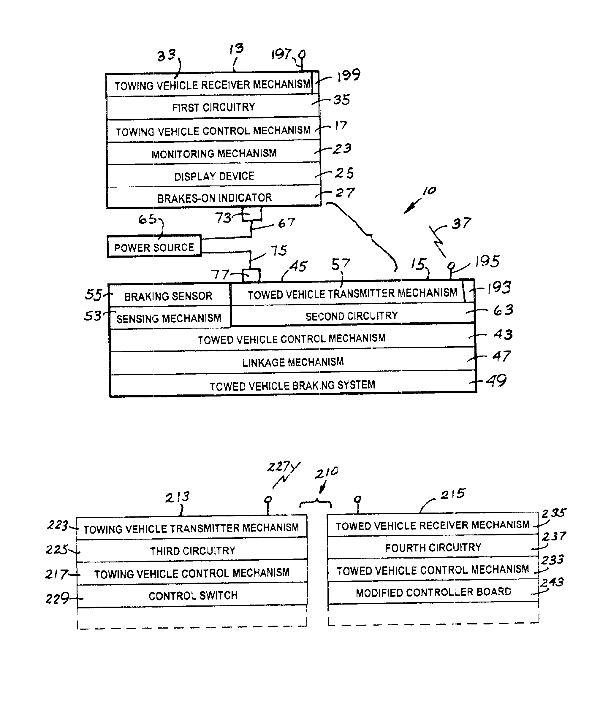 Braking control system for a vehicle being towed by another vehicle