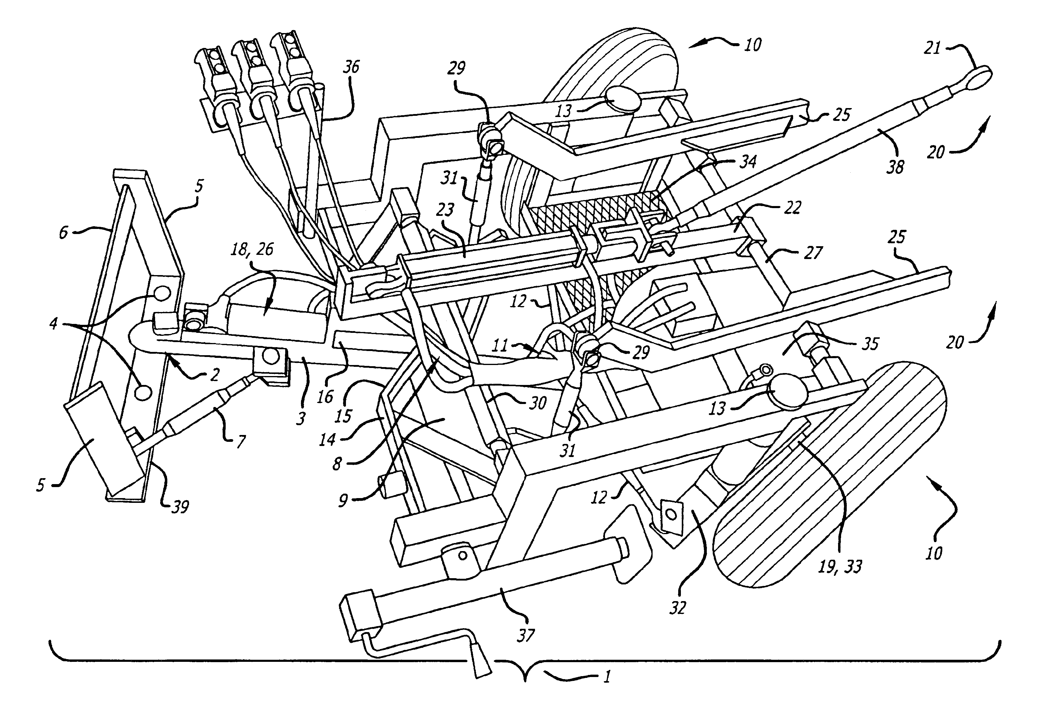 Controlled-articulation trailer with synchronized steering and a travelling top link tool bar hitch