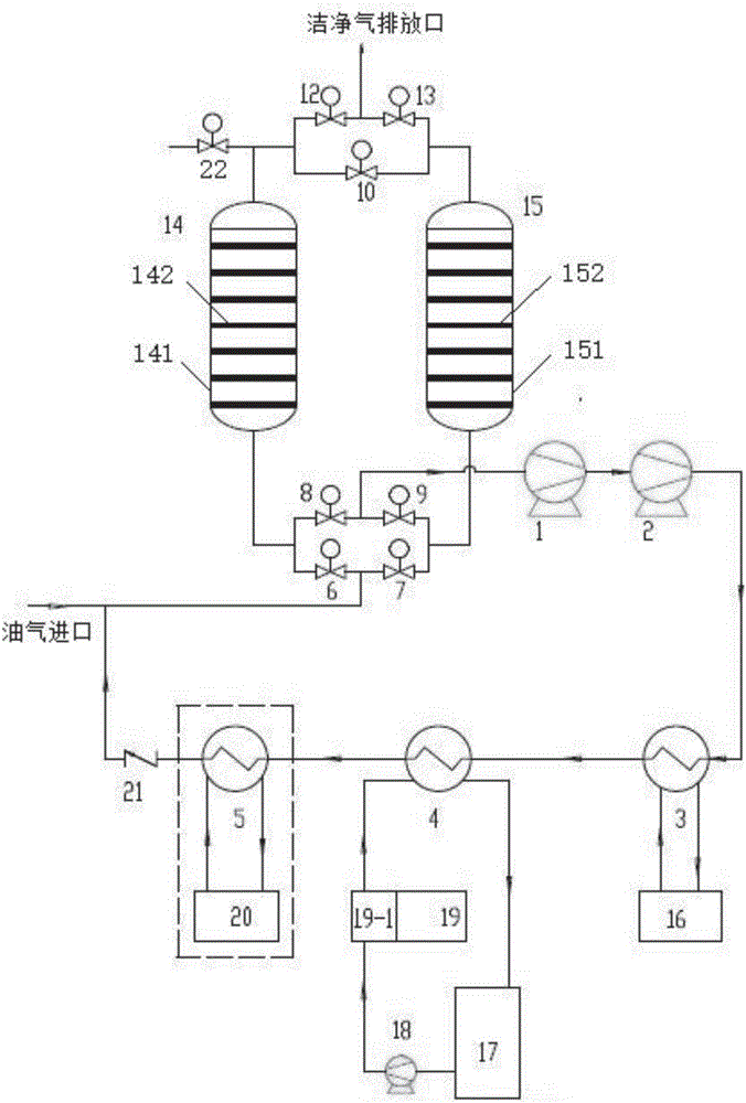 Adsorbing condensing type oil vapor recovery device for effectively preventing adsorption temperature rise and oil vapor recovery method